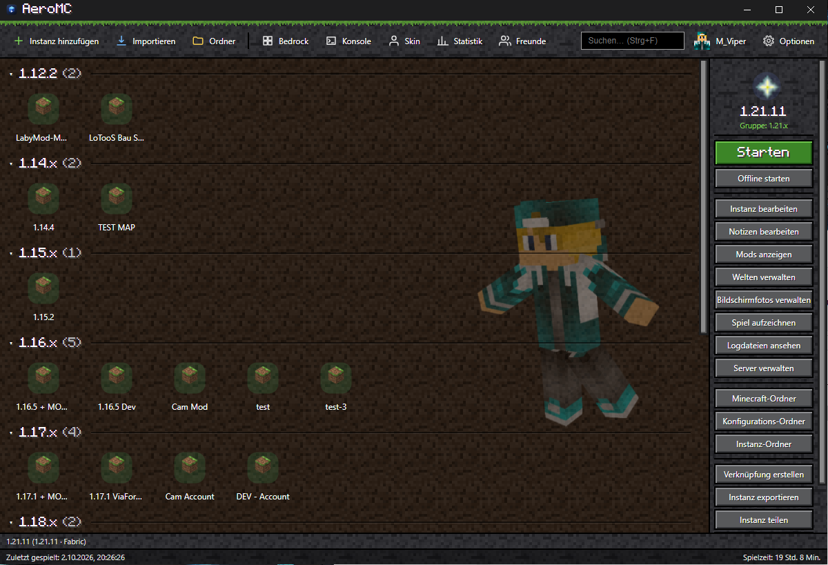 AeroMC im Design „Minecraft“: Grasnarbe, Erde, Stein-Knöpfe und Pixel-Schrift