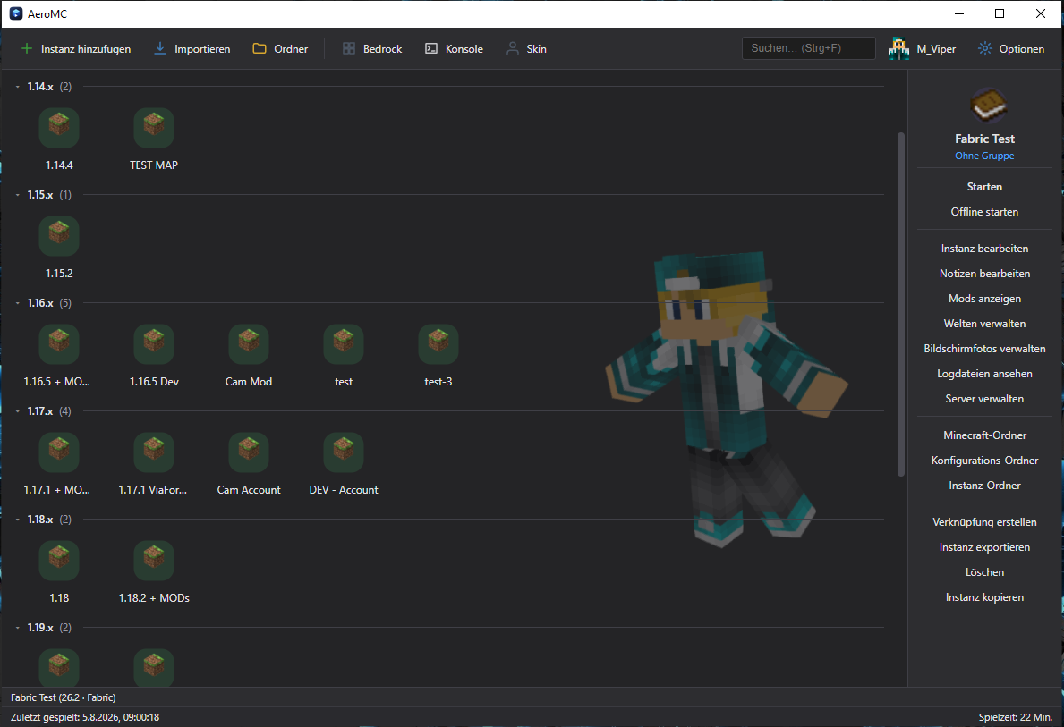AeroMC Instanzliste mit mehreren Minecraft-Versionen und Skin-Vorschau